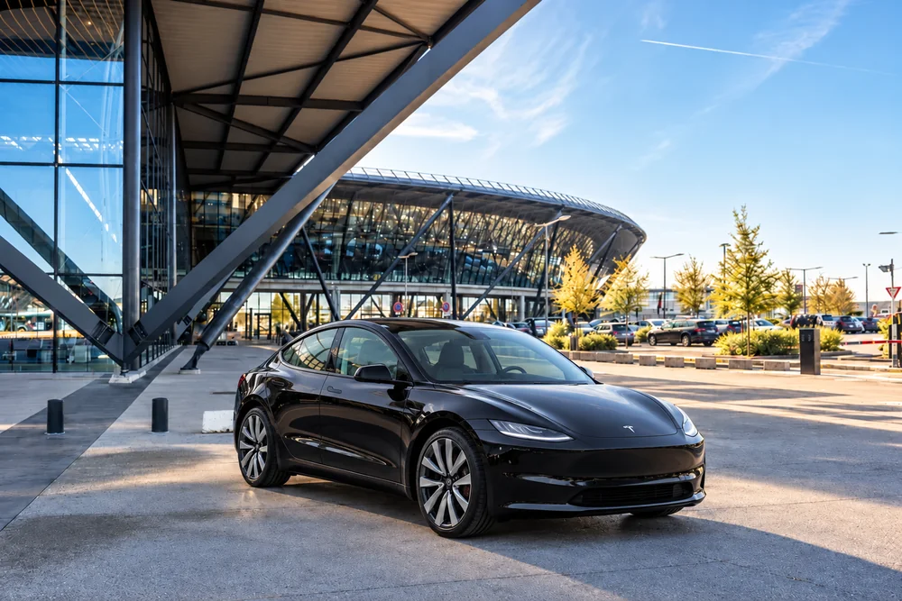 Tesla Model 3 devant le terminal 1 de Lyon Saint-Exupéry — montage illustratif