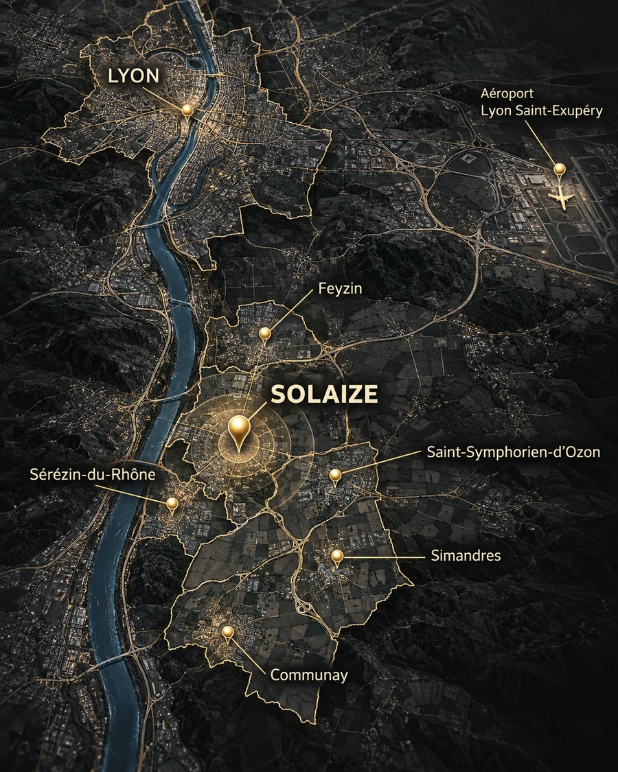 Carte illustrative du sud lyonnais : Solaize, Feyzin, Sérézin-du-Rhône, Saint-Symphorien-d’Ozon, Communay, Simandres, Lyon et l’aéroport Saint-Exupéry