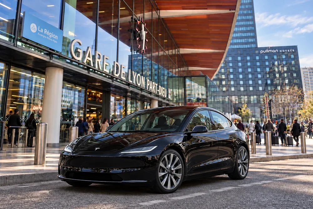 Tesla Model 3 devant la gare de Lyon Part-Dieu — montage illustratif